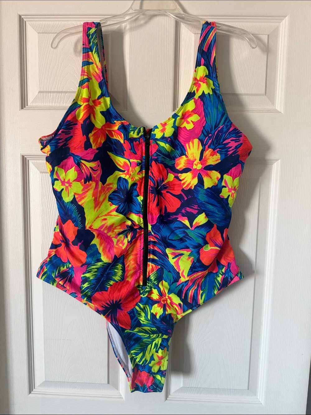 SHEIN Neon Floral Front-Zip One-Piece Swimsuit - Blue, Pink, Yellow